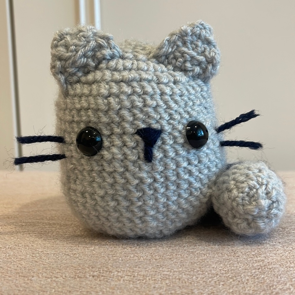 Cute handmade crochet gray plushy cat with stripes